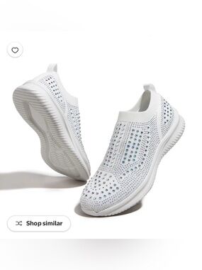 BELOS Fashion Breathable Rhinestone Sneaker Mesh Slip On Walking Shoes in white